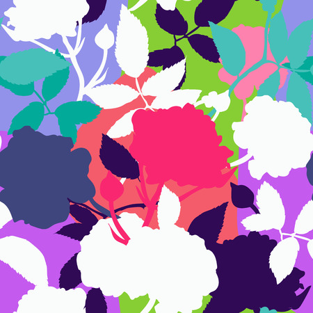 Abstract seamless pattern with hand drawing isolated colorful roses and leaves silhouettes on colorful background. のイラスト素材