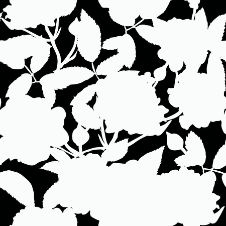 Abstract seamless pattern with hand drawing isolated white roses and leaves silhouettes on dark background. のイラスト素材