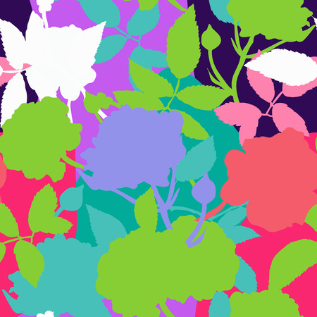 Abstract seamless pattern with hand drawing isolated colorful roses and leaves silhouettes on colorful background.のイラスト素材
