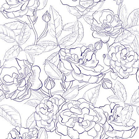 Abstract seamless pattern with hand drawing isolated white roses with black outline. Vector illustration.のイラスト素材
