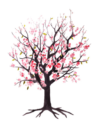 Tree with colorful flowers, drawing watercolor. のイラスト素材