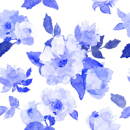 Abstract seamless watercolor hand painted background. Isolated blue roses with leaves. Vector illustration.のイラスト素材