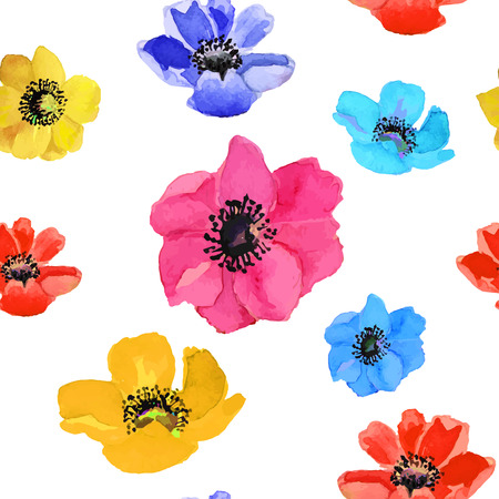 Vector illustration of floral seamless.Blue, red and yellow flowers on a white background, drawing watercolor.のイラスト素材