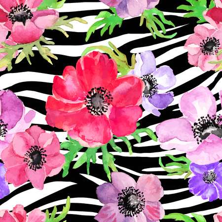 Abstract Geometric seamless pattern whith flowers drawing watercolor. Vector illustration.のイラスト素材