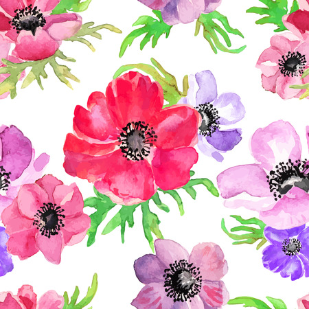 Abstract seamless watercolor hand painted background. Isolated red, lilac flowers and green leafs. Vector illustration.のイラスト素材