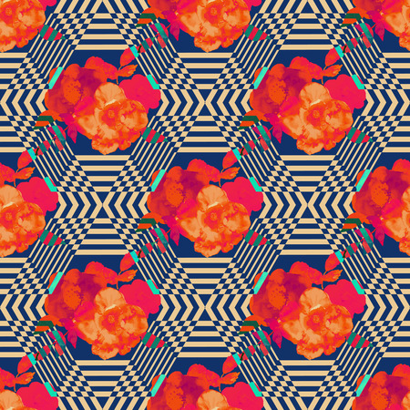 Abstract Geometric seamless pattern with flowers, drawing watercolor. のイラスト素材