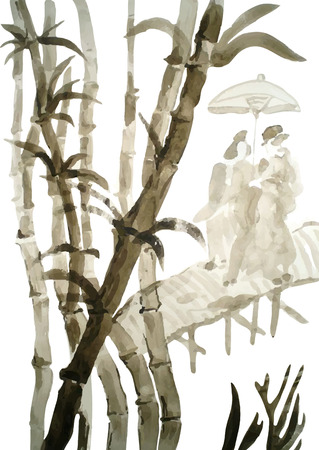 Watercolor bamboo grove with a couple under umbrella, hand drawn vector illustrationのイラスト素材