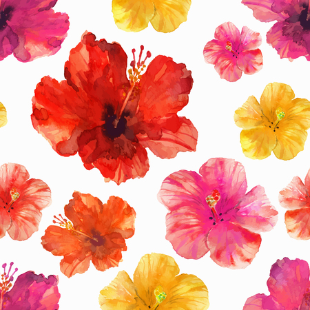 Vector illustration of floral seamless. Red and yellow isolated tropical flowers, drawing watercolor on the white background.のイラスト素材