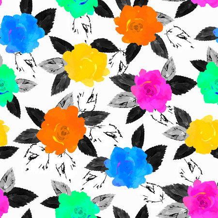 Vector illustration of floral seamless. Red, yellow , orange, green, blue roses with black and white graphic leafs on a white background, drawing watercolor.のイラスト素材