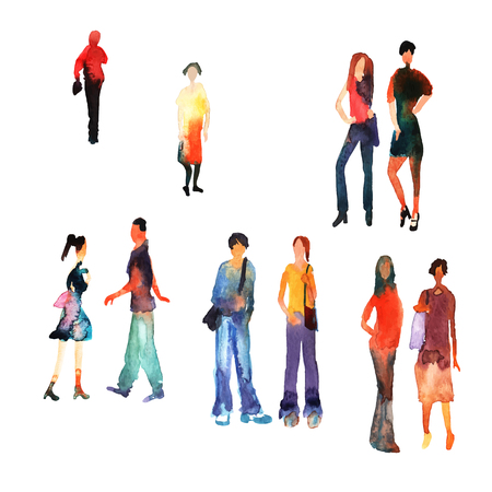 Colorful silhouettes of people. Watercolor background with silhouette of men, women, boys and girls. Stylish silhouette.のイラスト素材