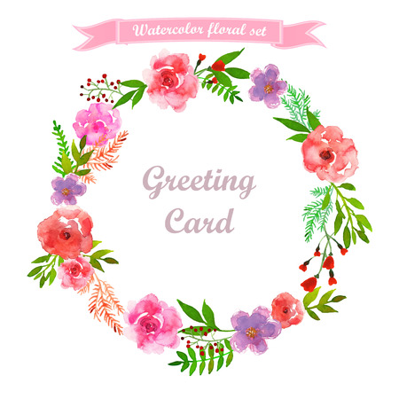Vector flowers set. Colorful floral collection with leaves and flowers, drawing watercolor.Design for invitation, wedding or greeting cardsのイラスト素材