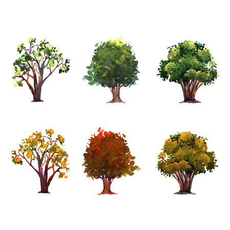 Set of watercolor trees. Colorful floral collection with isolated trees.のイラスト素材
