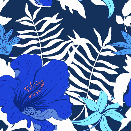 Seamless floral background. Blue flowers and white leaves. Vector illustration.のイラスト素材