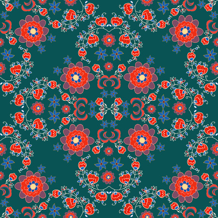 Seamless Paisley background.Colorful flowers and leafs on emerald  background. Vector illustration.のイラスト素材