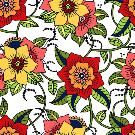 Seamless floral background.Colorful flowers and leafs on white background. Vector illustration.のイラスト素材
