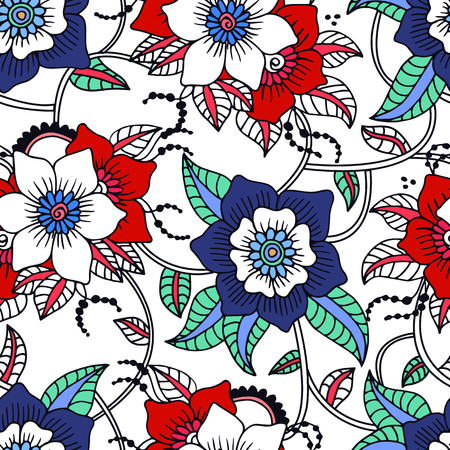 Seamless floral background.Colorful flowers and leafs on white background. Vector illustration.のイラスト素材