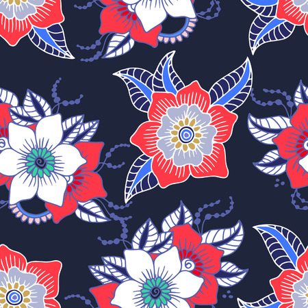 Seamless floral background.Colorful flowers and leafs on dark blue background. Vector illustration.のイラスト素材