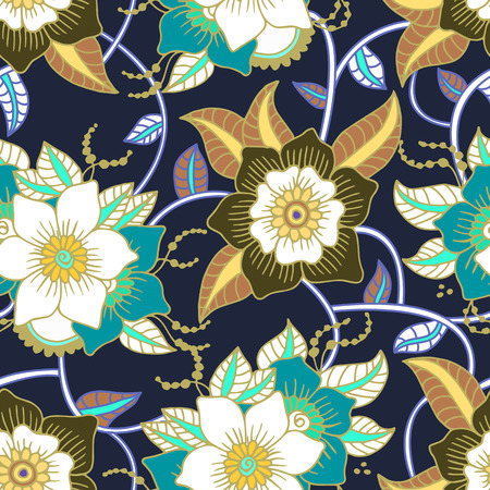 Seamless floral background.Colorful flowers and leafs on dark blue background. Vector illustration.のイラスト素材