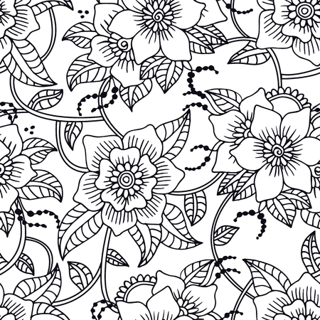 Abstract seamless pattern with hand drawn white flowers with black outline. Vector illustration.のイラスト素材