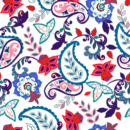 Seamless Paisley background.Colorful flowers and leafs on white background. Vector illustration.のイラスト素材