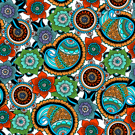 Seamless Paisley background.Traditional Indian pattern. Colorful flowers and leafs. Vector illustration.のイラスト素材