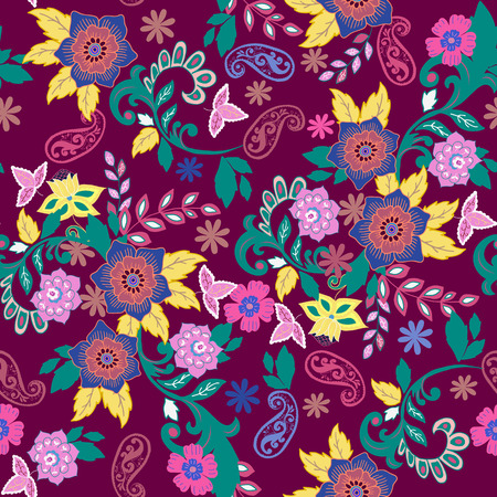 Paisley seamless texture with isolated colorful flowers and leafs. Vector illustration.のイラスト素材