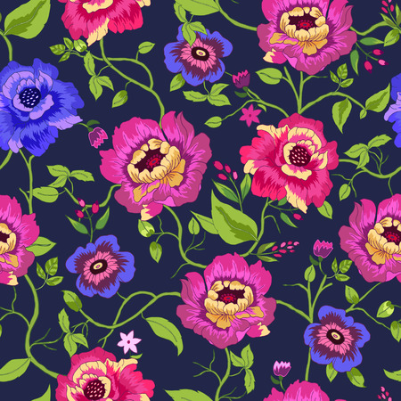 Vector illustration of floral seamless. Isolated colorful flowers and leaves on blue background.のイラスト素材