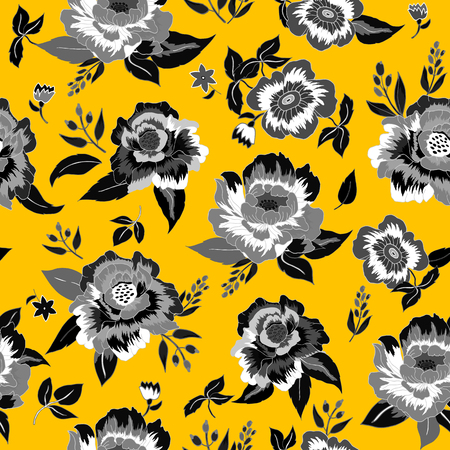 Floral seamless hand drawn background. Isolated black and white flowers and leafs on yellow background. Vector illustration.のイラスト素材