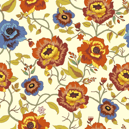 Vector illustration of floral seamless. Hand drawn isolated orange and bluel flowers with leafes.のイラスト素材