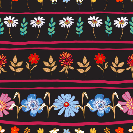 illustration of floral seamless.Colorful  isolated flowers with red strips on a black background.のイラスト素材