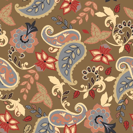 Seamless Paisley background.Isolated flowers and leafs on beige background. Vector illustration.のイラスト素材