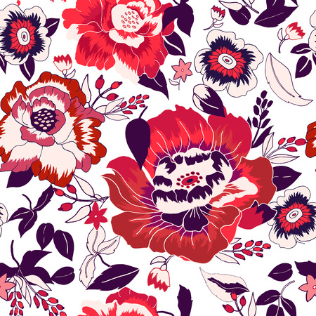 Seamless floral background.Colorful flowers and leafs on white background. Vector illustration.のイラスト素材