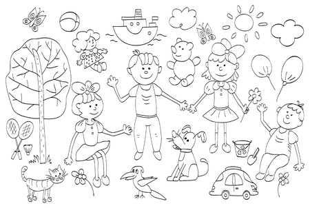 Doodle set of cute child's life including pets, toys, plants, things for sport and celestial elements. Vector illustration.のイラスト素材