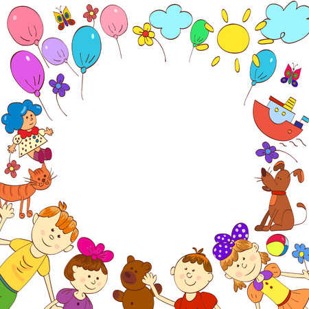 Greeting card, invitation, banner. Frame for your text with doodle set of cute child's life including pets, toys, plants, things for sport and celestial elements. Vector illustration.のイラスト素材