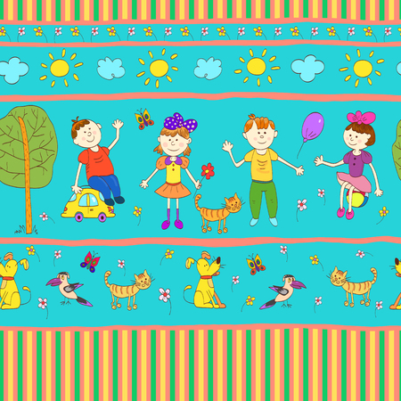 Doodle seamless pattern of cute child's life including pets, toys, plants, things for sport and celestial elements. Vector illustration.のイラスト素材
