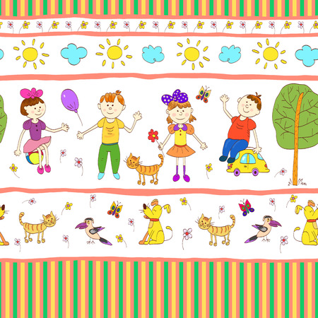 Doodle seamless pattern of cute child's life including pets, toys, plants, things for sport and celestial elements. Vector illustration.のイラスト素材
