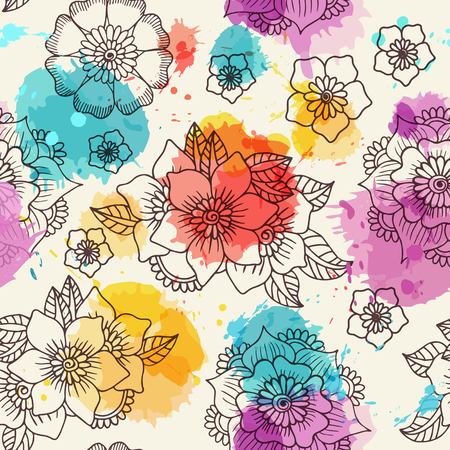 Seamless floral background. Hand drawn flowers and leafs with imitation watercolor on  background. Vector illustration.のイラスト素材
