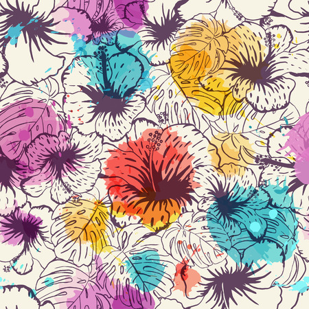 Seamless floral background. Hand drawn tropical flowers and leafs with imitation watercolor on  background. Vector illustration.のイラスト素材