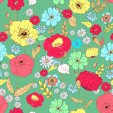 Seamless floral  background.Isolated flowers and leafs on green background. illustration.のイラスト素材