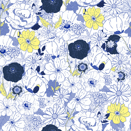 Seamless Floral background. Blue and white, yellow isolated flowers and leafs on white background. illustration.のイラスト素材