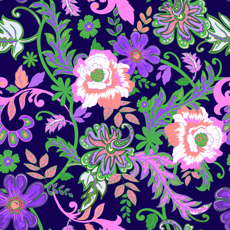 Seamless floral background. Isolated lilac flowers and leafs on blue background. illustration.のイラスト素材