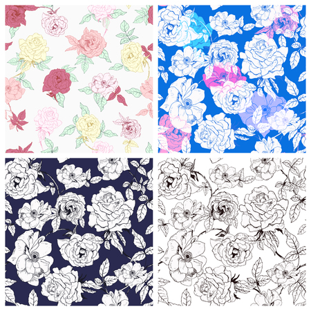 Set of seamless roses patterns. Flowers background. Decorative ornament backdrop for textile, wrapping paper, card, invitation, wallpaper, web design. Isolated flowers. Vector illustration.のイラスト素材