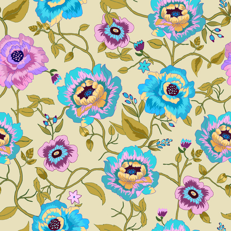 illustration of floral seamless. Isolated colorful flowers and leaves on beige background.のイラスト素材