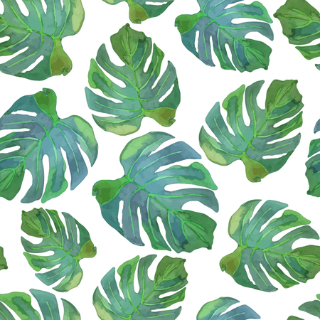 illustration of floral seamless.Green monster leaves on a white background, drawn watercolor.のイラスト素材