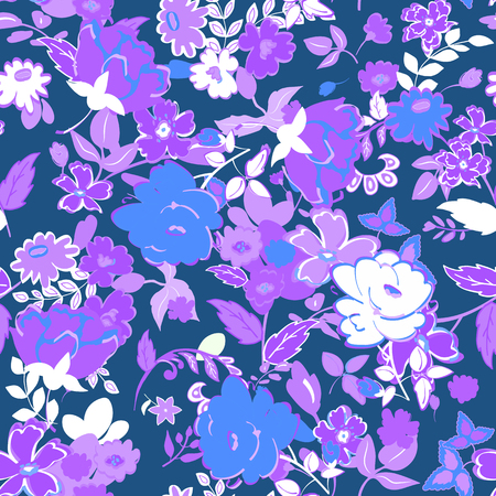 Seamless Floral background. Lilac and white isolated flowers and leaves on blue background.のイラスト素材