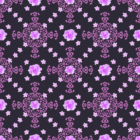 Seamless floral  background. Isolated lilac roses flowers and lace ornament.のイラスト素材