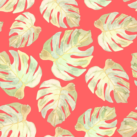 illustration of floral seamless. Monstera leaves on a red background, drawn watercolor.のイラスト素材