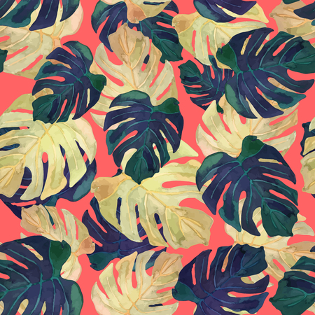illustration of floral seamless.Green monster leaves on a red background, drawn watercolor.のイラスト素材