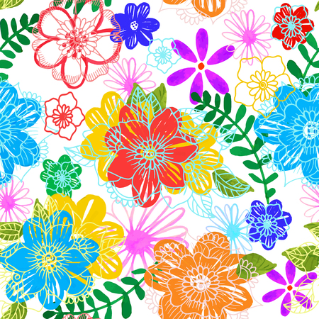 Seamless floral background.  flowers and leaves with watercolor flowers on  background. illustration.のイラスト素材