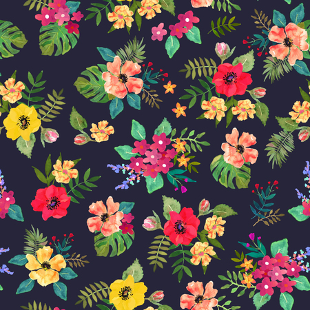 Seamless floral  background. Isolated colorful flowers and leaves drawn watercolor on blue background.  illustration.のイラスト素材